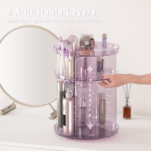 Rotating Makeup Organizer, DIY 8 Adjustable Layers Spinning Skincare Storage, Cosmetic Display Case with Brush Holder and Perfume Tray, Multi-Function Vanity Bathroom Countertop Organizer Clear Purple - color: Clear Purple