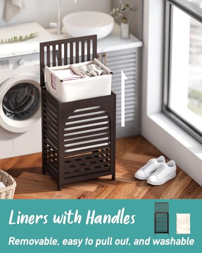 Laundry Hamper, 22.5 Gallon (85L) Bamboo Wood Clothes Laundry Basket with Lid and Handles, Removable Liner (Brown, Large) - color: Brown, size: Large