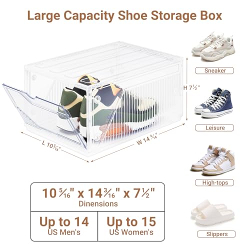 XX-Large Shoe Sneaker Storage Boxes for Size 14, Stackable & Thicken Clear Plastic Shoe Organizers 8 Packs for Entryway Closet Under Bed, Shoe Storage Cabinets Container Display Case w/ Magnetic Door - size: 8 packs