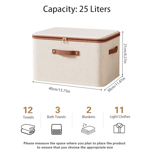 Tuza 3 Pcs Rigid Storage Bins with Zipper Lid, Cotton Linen Fabric Storage Boxes, Foldable Shelves Clothes Storage Cubes with Handles for Wardrobe, Closet(Beige, 25L) - size: L-25L