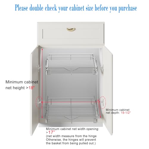 DINDON 2 Tier Pull Out Cabinet Organizer (17" W x 18" D) Heavy-Duty Metal Sliding Drawer Shelf, Two Tier Pull Out Shelves for Kitchen Cabinets, Pantry, Bathroom, Chrome Finish - size: 17'' W X 18'' D