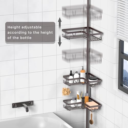 KEGII 4-Tier Corner Shower Caddy Tension Pole - Waterproof Shower Rod Organizer, Floor to Ceiling Tension Rod 25-114.2 inch, Stainless Steel Corner Shower Shelf, Bronze - style: Tension Caddy - Brown