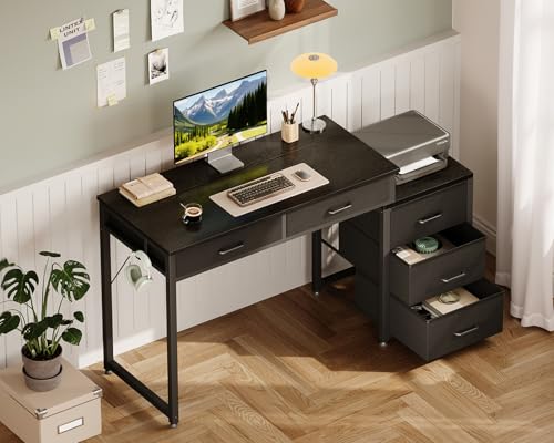 ODK Computer Desk with 5 Drawers, 53 Inch Office Desk with Printer Shelf, Reversible Gaming Desk for Home Bedroom, Writing Table Desk with Headphone Hook for Storage, Black - color: Black