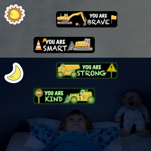 4 PCS Construction Wall Decals Glow in The Dark£¬Construction Stickers Toddler Room Decor for Kids Baby Nursery, Boys Glowing Motivational Wall Art Inspirational Sticker