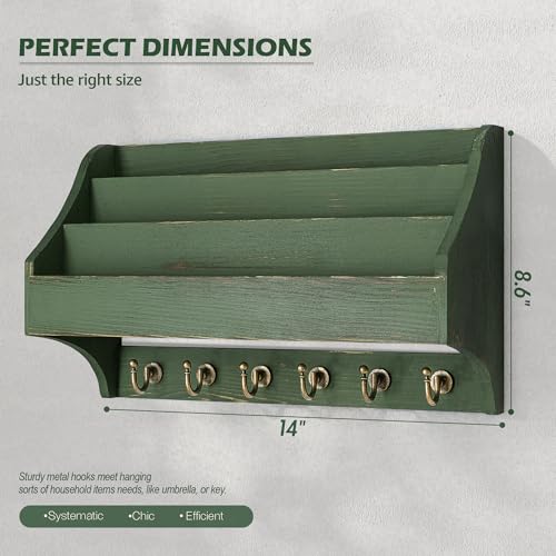 Rebee Vision Pine Wood Key Holder Wall Mount - Rustic 3-Tire Mail Holder for Wall with Sturdy Key Hooks - Multifunctional Mail Organizer Wall Mount for Sunglass at Home (Green) - color: Green