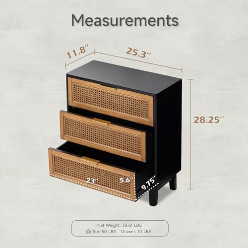 COZAYH Farmhouse 3-Drawer Nightstand, Set of 2 Woven Cane Front Accent Dresser with Brass Pull, Fully-Assembled, Black - color: Black, style: 3 Drawer/2 pack