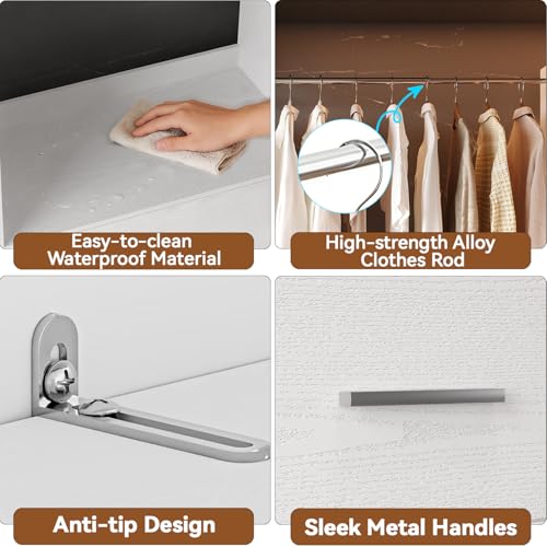 Wooden Closet System With LED Light 11FT Closet Organizer with 3 Wooden Drawers Walk-in Closet Organizer System with Tower and 4 Extendable Hanging Rods White