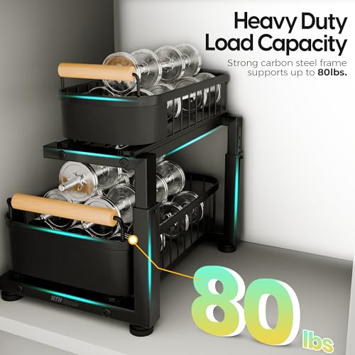 Premium Heavy Duty Carbon Steel Under Sink Organizer, Large 2 Tier Pull Out Cabinet Organizer, 7 Adjustable Heights with Smooth Ball Bearing Sliding Baskets for Bathroom & Kitchen