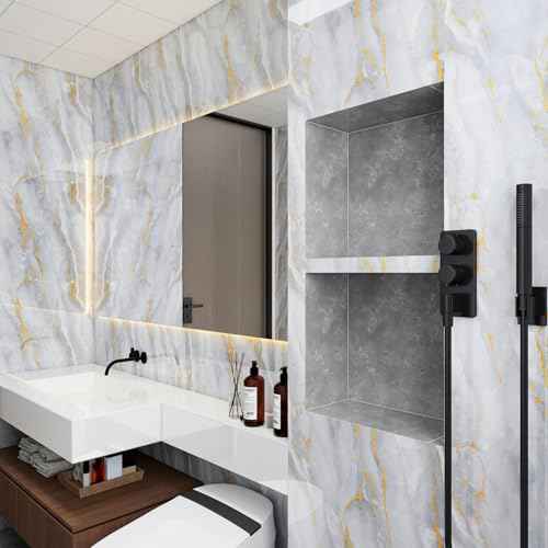SOON AFTER Gold Marble Contact Paper Glossy Thick Peel and Stick Wallpaper Waterproof Self Adhesive Removable Wall Paper for Countertop Furniture Kitchen Bathroom. Modern Gold and White 15.7"x78.7"