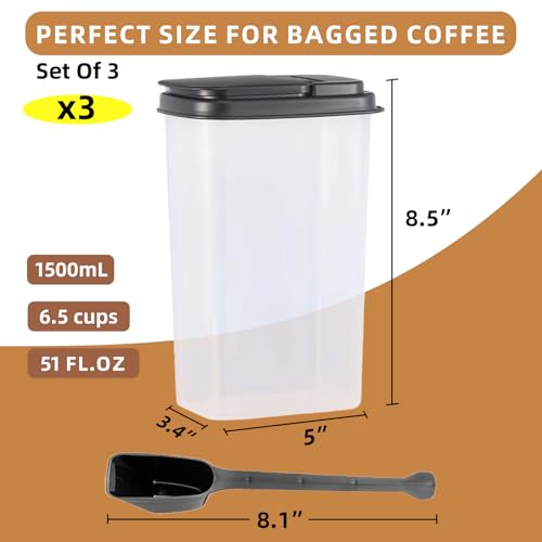 3-Pack 1500ml (51 oz) Airtight Food Storage Containers with Scoop, Soft-White Translucent Design Canisters for Coffee, Tea, Sugar, Flour & Cereal | Includes Marker & Labels