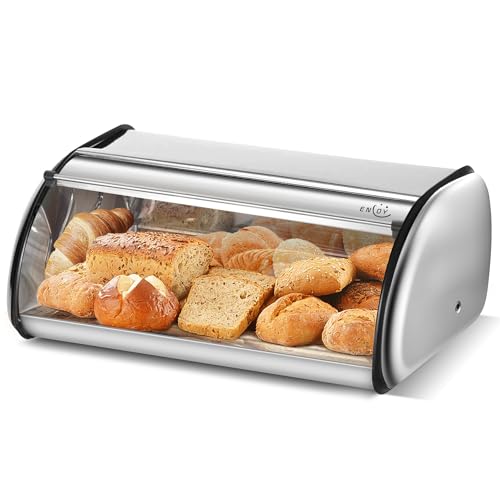 ENLOY Bread Box for Kitchen Counter, Stainless Steel Roll Top Bread Bin, Sliver Bread Storage Holder with Lid, Large Capacity Bread Keeper, 17 x 11 x 7 Inches - color: silver
