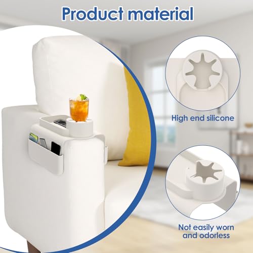 Silicone Sofa Armrest Tray with Dual Side Pockets, Anti-Slip Couch Cup Holder, Silicone Armchair Cup Holder for Drinks, Phone & Snacks, Arm Organizer for Living Room, Recliner, Car (White) - color: White