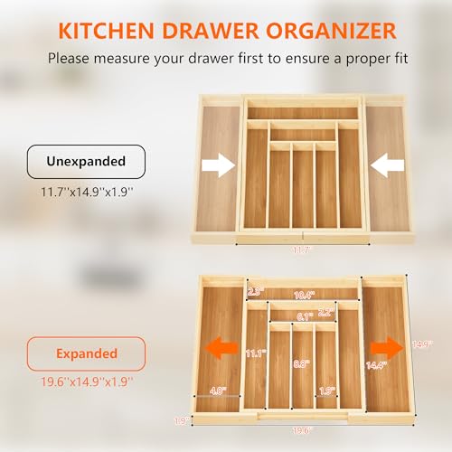Expandable and Adjustable Bamboo Drawer Organizer Tray - Cutlery Drawer Organizer for Kitchen Utensils, Silverware Organizer with Dividers, 7-9 Slots with Curved Grooves (Natural) - size: 7-9 Slots