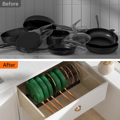 MUDEELA Pots and Pans Organizer Rack for under Cabinet, Expandable Pot Lid Kitchen Cabinet Organizer Holder with 14 Adjustable Compartment Cutting Board Organizer for Pan Lid, Bakeware - style: 14 Dividers-Black