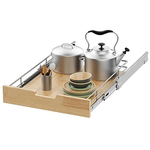 Sikarou Pull Out Cabinet Organizer,Heavy-Duty Slide Out Shelf, Wood And Wire Basket, Pull Out Drawer for for Kitchen Under Sink Space, Pantry, Bathroom (14 * 21 WM) - size: 1-TIE 14*21 WM