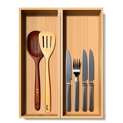guiogc Bamboo Drawer Silverware Organizer, Silverware Tray, Flatware Organizer, Bamboo Storage Box Suitable for Office, Bathroom and other objects storage (14.2"x5"x2"-Set of 2) - size: 14.2" x 5" x 2"