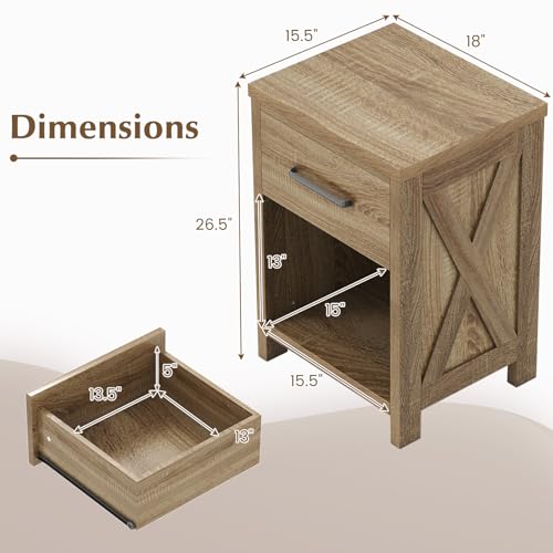 Giantex Farmhouse Nightstand, Wooden Bedside Table with Storage Drawer & Open Shelf, End Side Table, Rustic Night Stand for Small Space Bedroom & Home Office, Natural