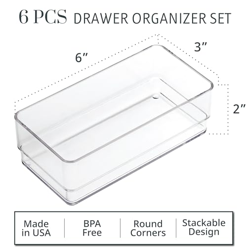 STORi SimpleSort 6-Piece Stackable Clear Drawer Organizer Set | 6" x 3" x 2" Rectangle Trays | Small Makeup Vanity Storage Bins and Office Desk Drawer Dividers | Made in USA - size: 6x3x2" (Set of 6)