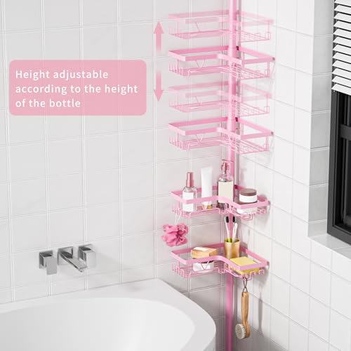 KEGII Shower Caddy Tension Pole, 4-Tier Rustproof Adjustable Corner Bathroom Organizer for Renters, 25–114.2 Inch No Drill Space-Saving Shower Storage Rack, Pink - style: Tension Caddy（Pink）