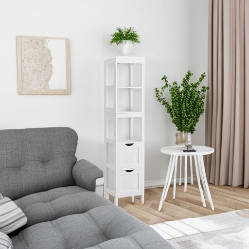 VASAGLE Storage Cabinet, Storage Organizer Rack Stand for Bathroom, Living Room, Bedroom, Multifunctional Corner Unit, 2 Drawers, 55.7 Inches in Height, White UBBC66WT