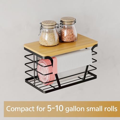 TIDIIABODE Small Grocery Bag Holder, Trash bag holder with Removable Bamboo Top, Wall Mount, No Drill, Stainless Steel, Black - color: 1-Pack-S-Black