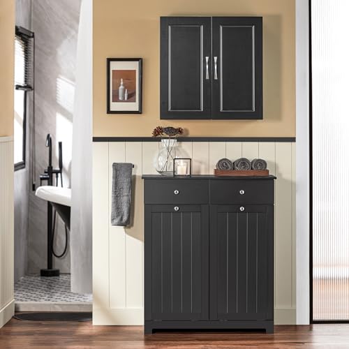 Haotian Tilt-out Bathroom Laundry Cabinet Hidden Hamper Organizer with Double Baskets and Drawers Storing Unit Storage Chest Cupboard, Black BZR33-SCH