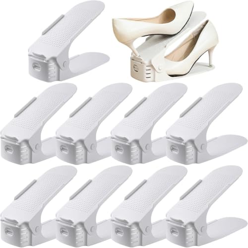 10 Pcs Shoe Stacker Adjustable Shoe Slots Organizer Shoes Slots Space Saver Double Deck Rack Holder for Closet Organization Shoe Storage