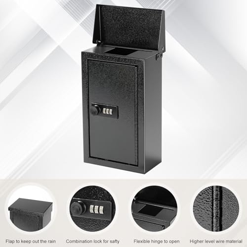 xydled Wall-Mounted Key Drop Box with Combination Lock, Metal Mailbox, Indoor&Outdoor Storage Box, Hanging Secured Postbox, for Home & Business Use, 5.5X 3.0X 9.8 inch, Black - style: Combination