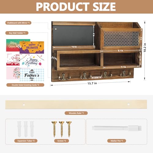 Key Holder Wall Mount, Wooden Mail and Key Organizer with Chalkboard and Mirror, 3 Greeting Cards, 8 Hooks, Brown - color: Brown