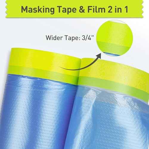 Pre-Taped Masking Film for Painting - 44" x 66' Painters Plastic Sheeting with Automotive Paint Tape and Drape for Covering Cars, Walls, Windows and Furniture Protection (1 Roll)