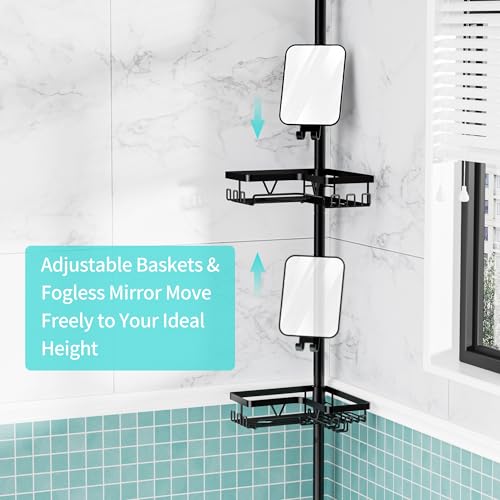 KEGII Shower Caddy Tension Pole - Adjustable Rustproof Corner Bathroom Organizer with Fogless Shower Mirror, 25–114.2 Inch No-Drill Bathroom Storage, Black - style: Tension Caddy with Mirror - Black