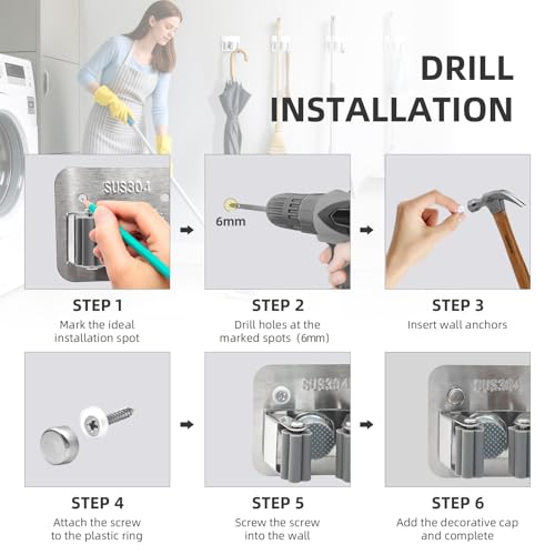 Broom Holder Wall Mount with Screws (4 Pack) Broom and Mop Organizer Wall Hanging, Anti-Slip Mop Holder Broom Hanger with Hooks, Stainless Steel Tool Rack for Garden Garage Organization - color: Silver