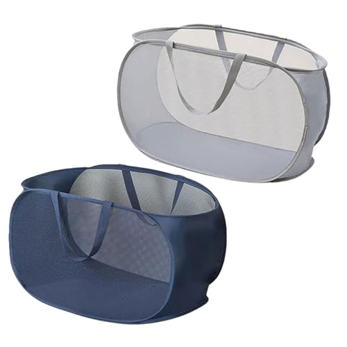 2 Piece Popup Mesh Laundry Basket Durable Handles Collapsible Laundry Baskets Folding Clothes Pastic Hamper for Laundry Room College Dorm (Gray/Navy Blue) - color: Gray/Navy Blue