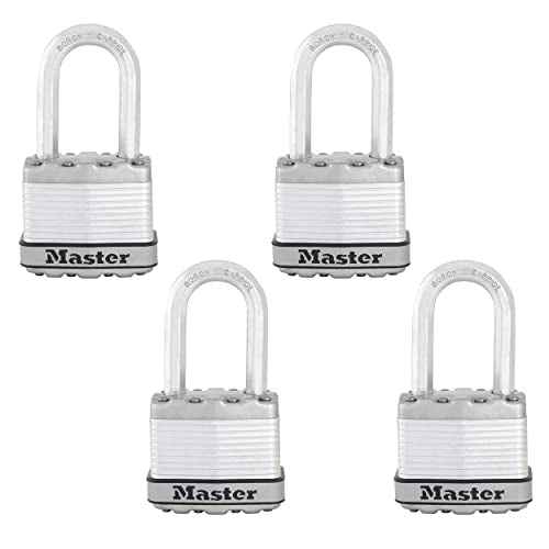 Master Lock Silver Magnum Outdoor Padlock with Key, Keyed Alike Gate Locks for Outdoor Fence or Shed with Long Shackle, 4 Pack, M1XQLFCCSEN