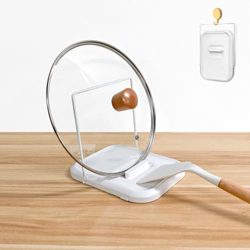 Pot Lid Holder with Spoon Rest for Stove Top and Kitchen Counter, Foldable Pot Lid Organizer with Non-Slip Pads for Lids, Spoons and Spatulas, White
