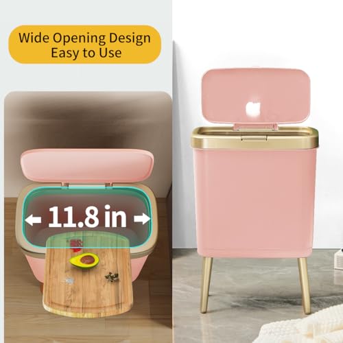 Procade Bathroom Trash Can with Lid, 4 Gallon Pink Garbage Can, Tall Plastic Trash Bin with Push Button, Slim Gold Trash Can Waste Basket for Room, Bedroom,Office,Kitchen - color: Pink