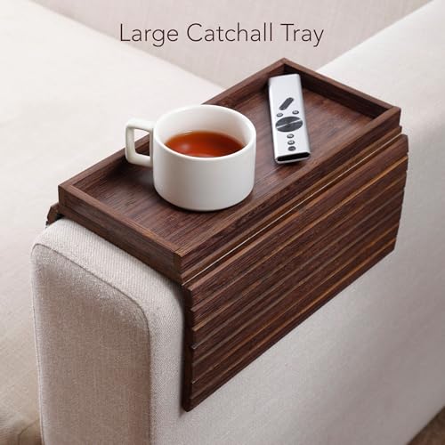 DETOR Couch Arm Tray with Spacious 12.4" x 5.4" Storage Box, Walnut Bamboo Finish, Enhanced Non-Slip Felt Bottom, Sturdy Bamboo Slats, Fits Armrests 6" and Wider - color: Walnut