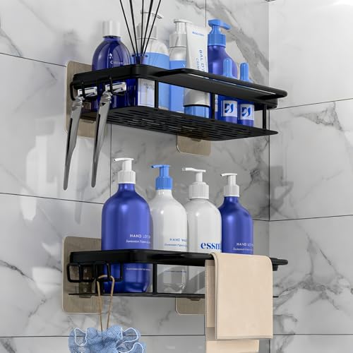 2-Pack Adhesive Shower Caddy – Rustproof Aluminum Black Shower Shelves with Towel Bars & Hooks, No Drill Bathroom Organizers and Storage, Anti-Tip Shower Organizer for Inside Shower - size: 2-Pack