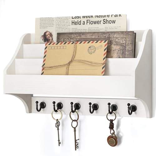 Rebee Vision Pine Wood Key Holder Wall Mount - Rustic Mail Holder for Wall with Key Hooks & 3-Tire Letter Slots - Multifunctional Key Holder on Wall for Entryway Storage (White) - color: White