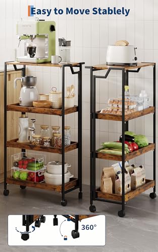 Garvee Large 4-Tier Wooden Folding Storage Shelf Cart with Locking Wheel, Expandable Kitchen Organizer Rack, 100 Lbs Loading Heavy Duty Garage Shelving, Easy Foldable No Assembly Required