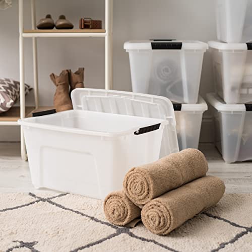 IRIS USA 32 Qt Stackable Plastic Storage Bins with Lids, 4 Pack - BPA-Free, Made in USA - Discreet Organizing Solution, Latches, Durable Nestable Containers, Secure Pull Handle - Pearl - size: 32 Qt, style: 4 Pack