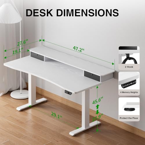 Veken 47.2"×27.6" Home Office Standing Desk with Monitor Riser, Adjustable Computer Desk with Drawers, Ergonomic Desk for Work, Study, Gaming, Crafting, White - color: White
