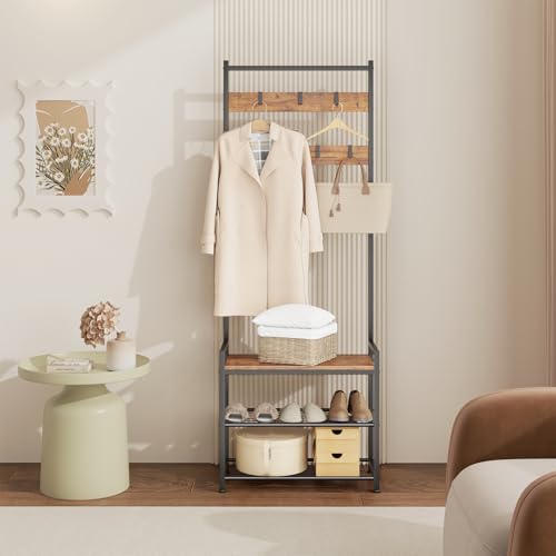 Coat Rack Hall Tree with Shoe Storage, Entryway Hall Tree Storage Bench, Wood Look Accent Furniture with Metal Frame, 3-in-1 Design, Rustic Brown - color: Brown