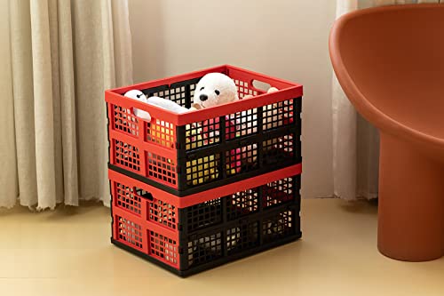 Eslite 34L Large Plastic Folding Storage Crates,Collapsible Crates for Storage,Pack of 3 (Black+Red) - color: Black+Red