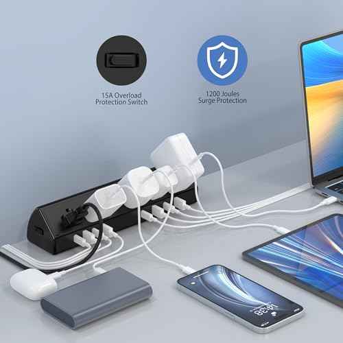 45W Fast Charging Station,Desk Clamp Power Strip,4 PD USB-C Ports,5 AC Outlets,Surge Protector Power Strip, 14AWG Heavy Duty Cord, Fits 1.9" Tabletop Edge (Black, 15 FT Cable)