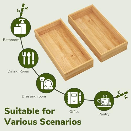 BAMEOS Deep Utensil Drawer Organizer, Bamboo Silverware Organizer for Kitchen Drawer Storage Flatware Junk Cutlery Jewelry 14"x 6.8" Set of 2 (Natural) - size: 2 Boxes 14x7"