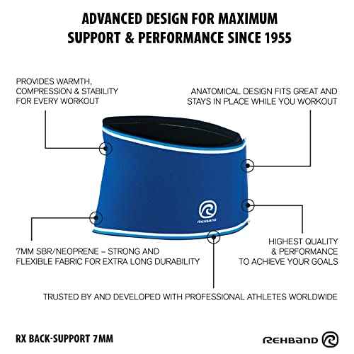 Rehband Rx Original Back Support, back compression 7mm neoprene, strong support and high stability for lower back, weightlifting fitness support, Colour:Blue, Size:X-Large