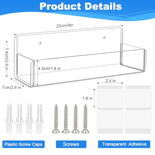 Acrylic Spice Rack Wall Mount-9 Inch, Clear Spice Shelf Storage Holder, 4 Pack Hanging Seasoning Rack Organizer for Cabinet Door, Cupboard or Wall Kitchen (Adhesive or Screw) - size: 9"- 4 Pack