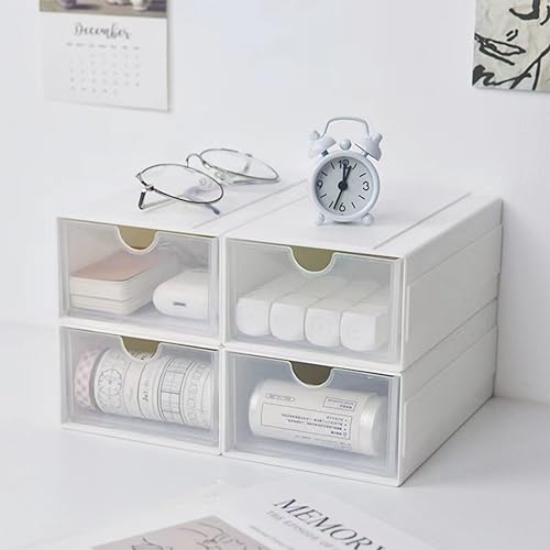 Feadily（4 Pack Plastic Desktop Storage Box with Clear Drawers, Can Be Freely Spliced and Combined, Small Parts Organizer, White