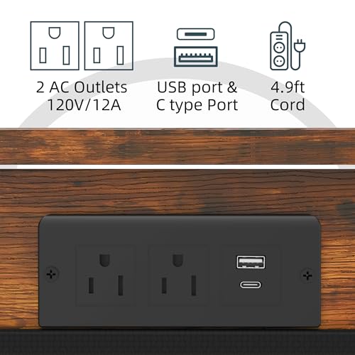 Adjustable Height Couch Table with USB-C Charging Station & Pocket Storage – Compact Couch Stand with Hooks & Wheels for Small Spaces & Living Room, Adjustable C Table (Rustic Brown)